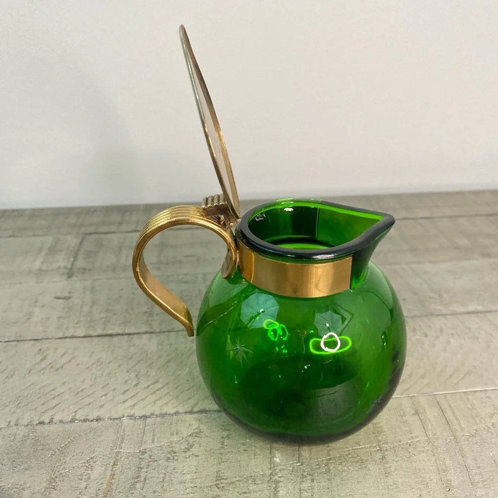 Vintage Emerald Glo Star Cut Green Glass Brass Pitcher Saucer National SilverCo